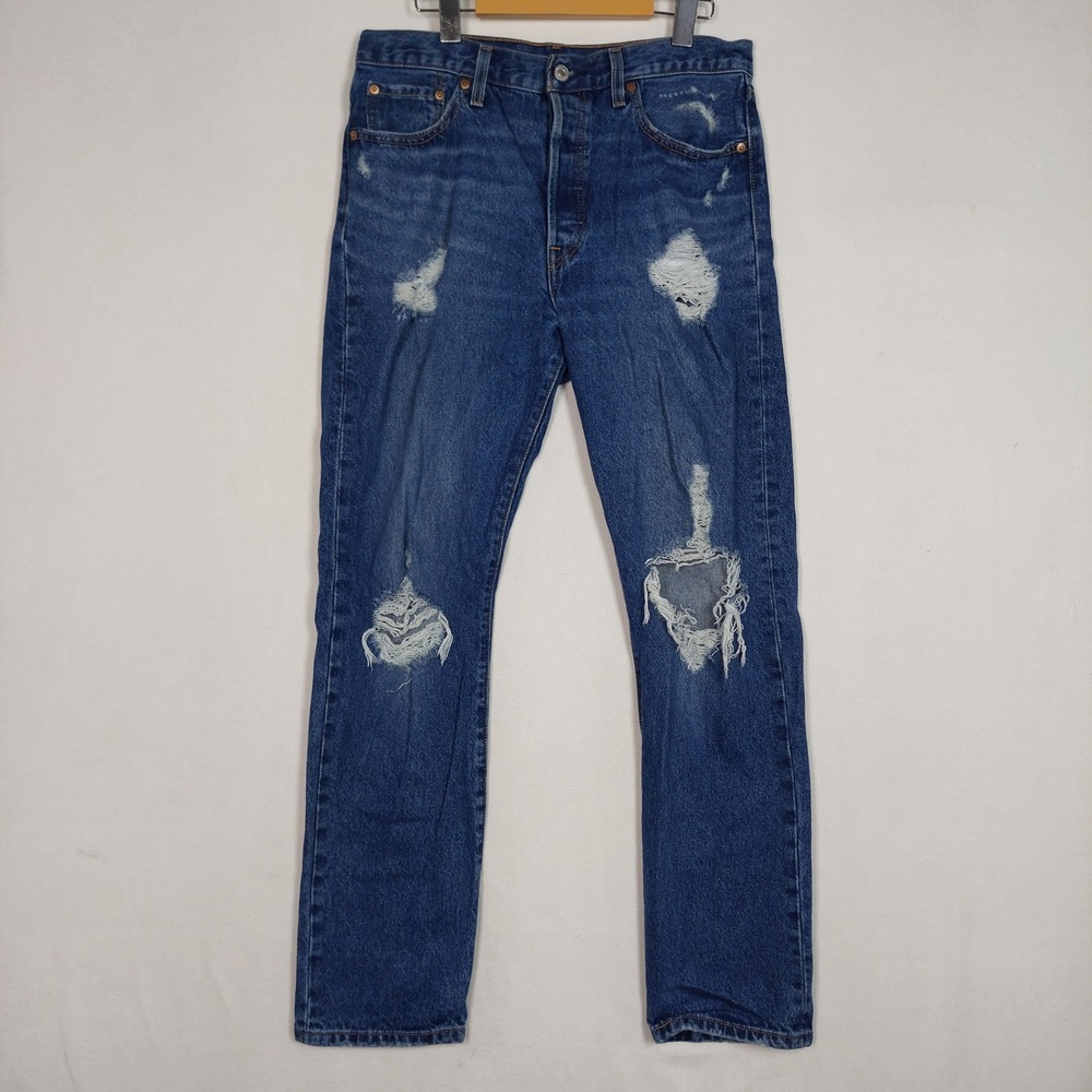 Levis 501 Original Fit Distressed Jeans Blue W29 L32 Button Fly Denim
